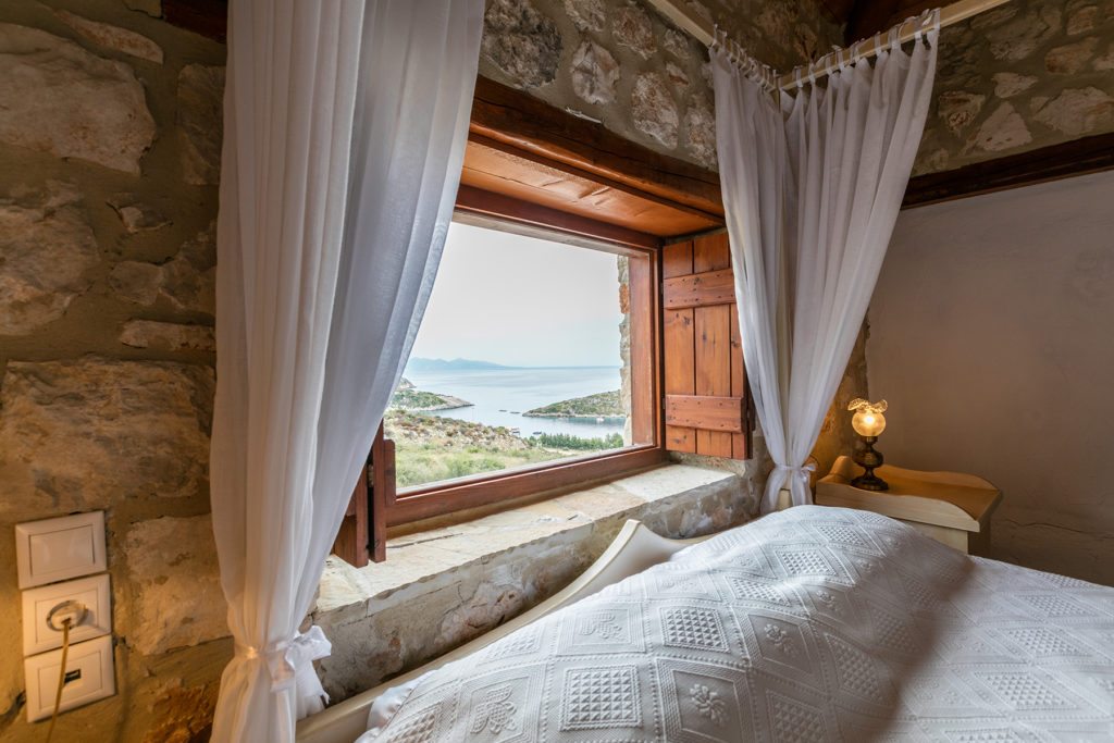 Beautiful views from the Orfos villa Yria's master bedroom window above the headboard