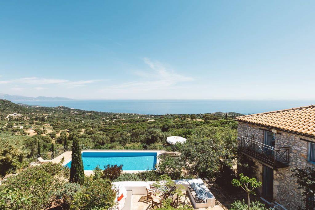 View of pool and sea from the 9 bedroom traditional greek villa with a pool and sea view near The Peligoni Club in North Zakynthos Greece