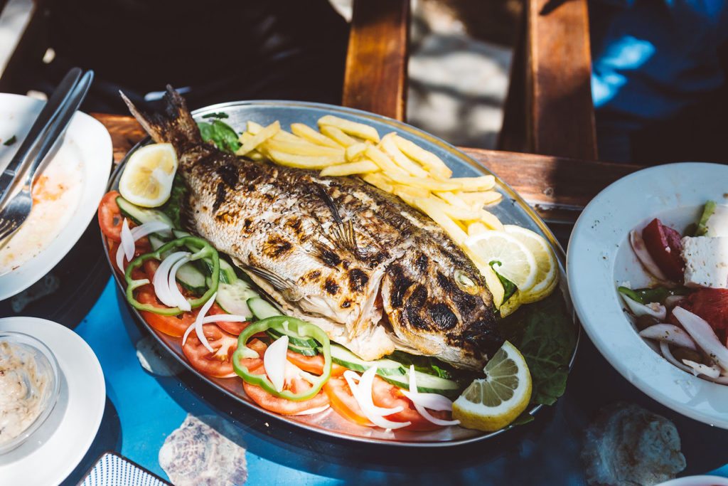 Fresh grilled fish from the local restaurant Mikro Nisi near the Peligoni Club in North Zakynthos