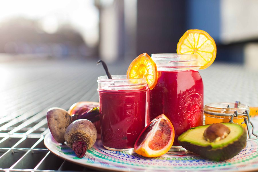 Hemsley and Hemsley blood orange smoothie with beetroot avocado and raw honey