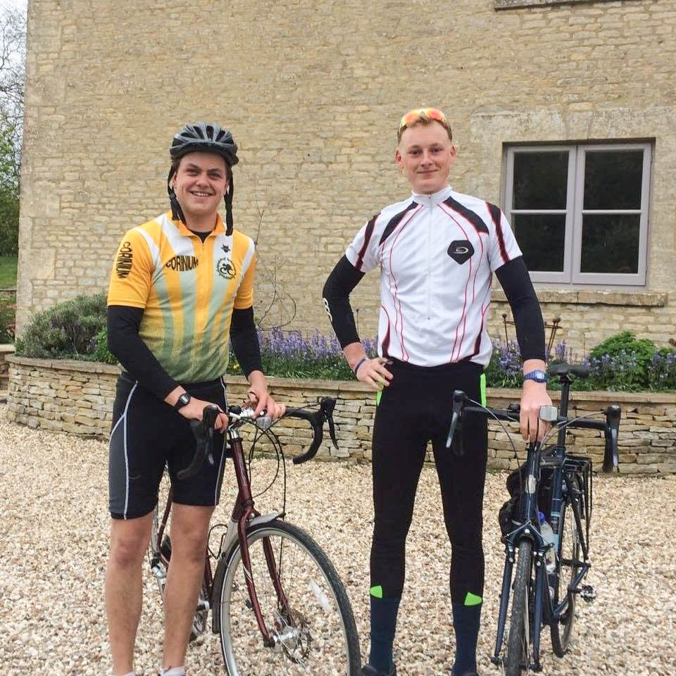 Patrick and Freddie pose for the camera at home in England ahead of their charity cycle to The Peligoni Club in Greece